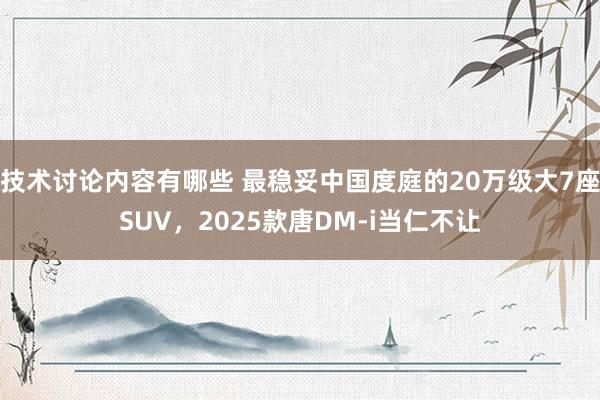 技术讨论内容有哪些 最稳妥中国度庭的20万级大7座SUV，2025款唐DM-i当仁不让